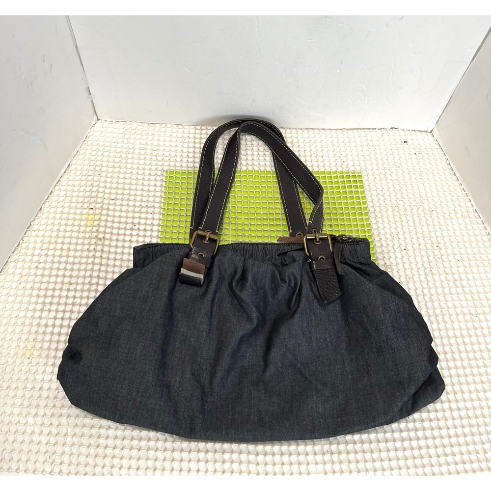 Y2K Miu Miu Ruched Bowling Bag Dark Blue Denim Shoulder Bag  Brown Leather Strap